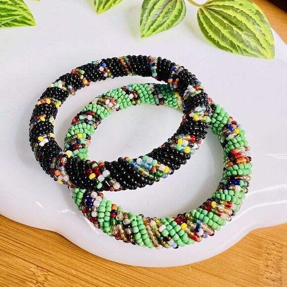 Traditional African Multicolored Beaded Bangle Bracelet Black Blue Orange - Picture 2 of 6